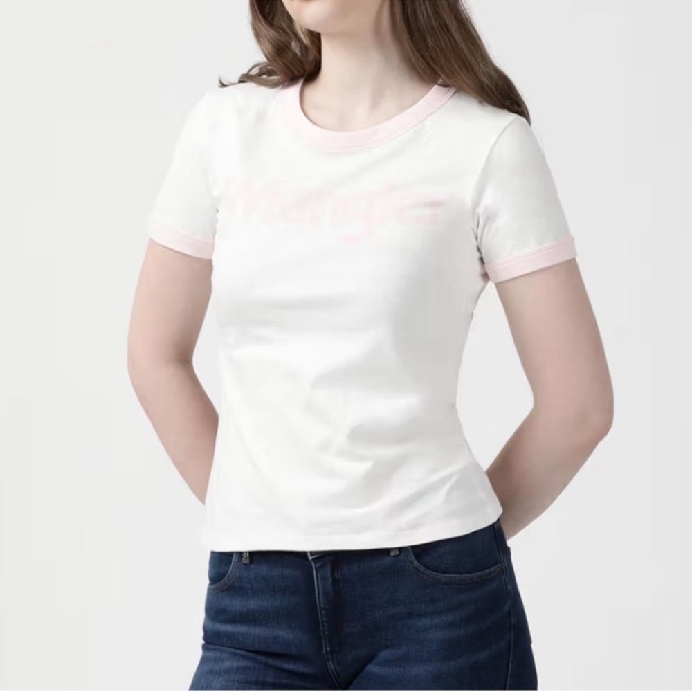 Wrangler White Baby Tee Pink Trim Logo Graphic Small